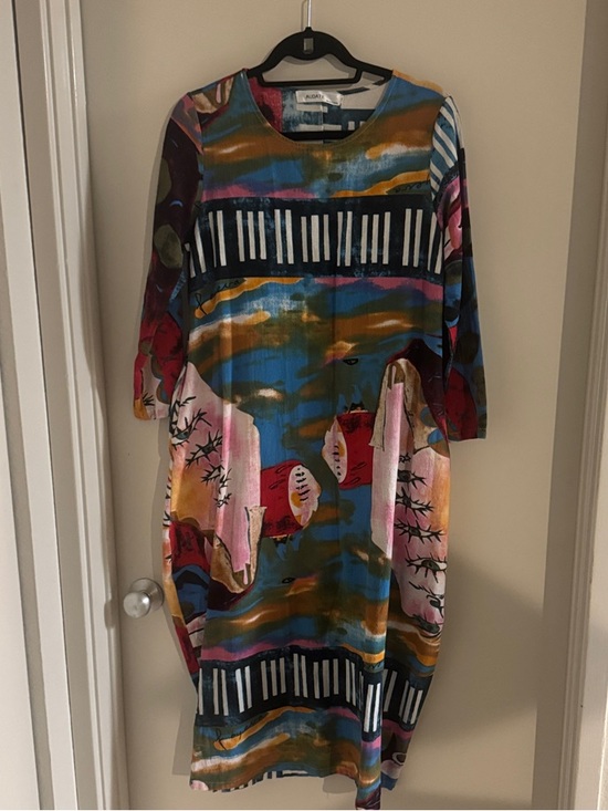 Dresses & Skirts - Audate Abstract Multicolor Midi Dress with Blue, Pink & Mustard Accents